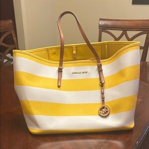 Michael Kors Yellow and White Striped Tote with Brown Leather Handles